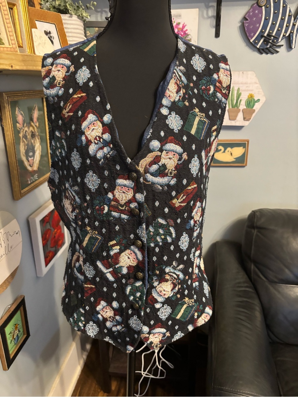 Vtg white stag womens XL Santa Claus Christmas tapestry vest